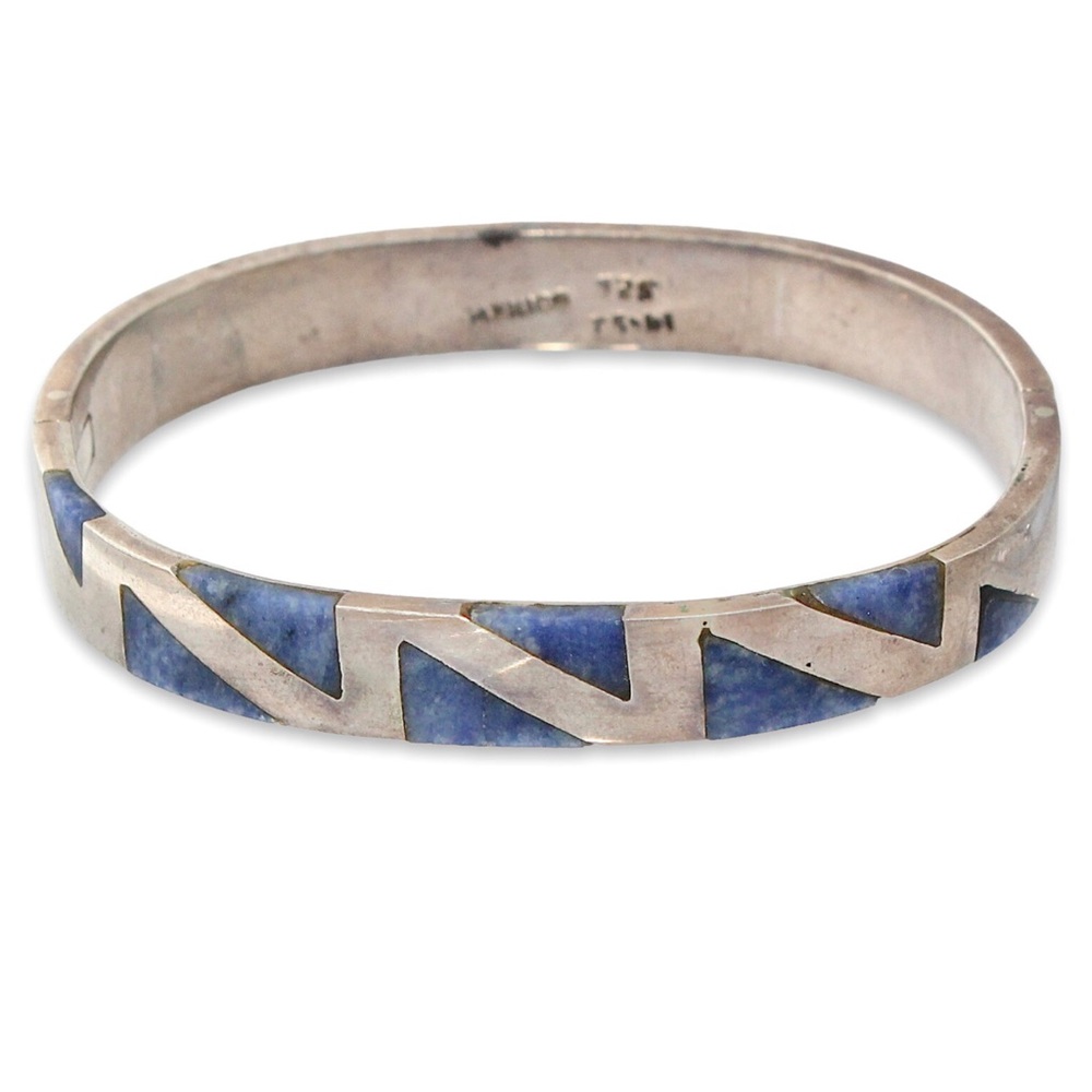 Vintage Taxco Sodalite Sterling Silver Bracelet Geometric Inlay Hinged Cuff